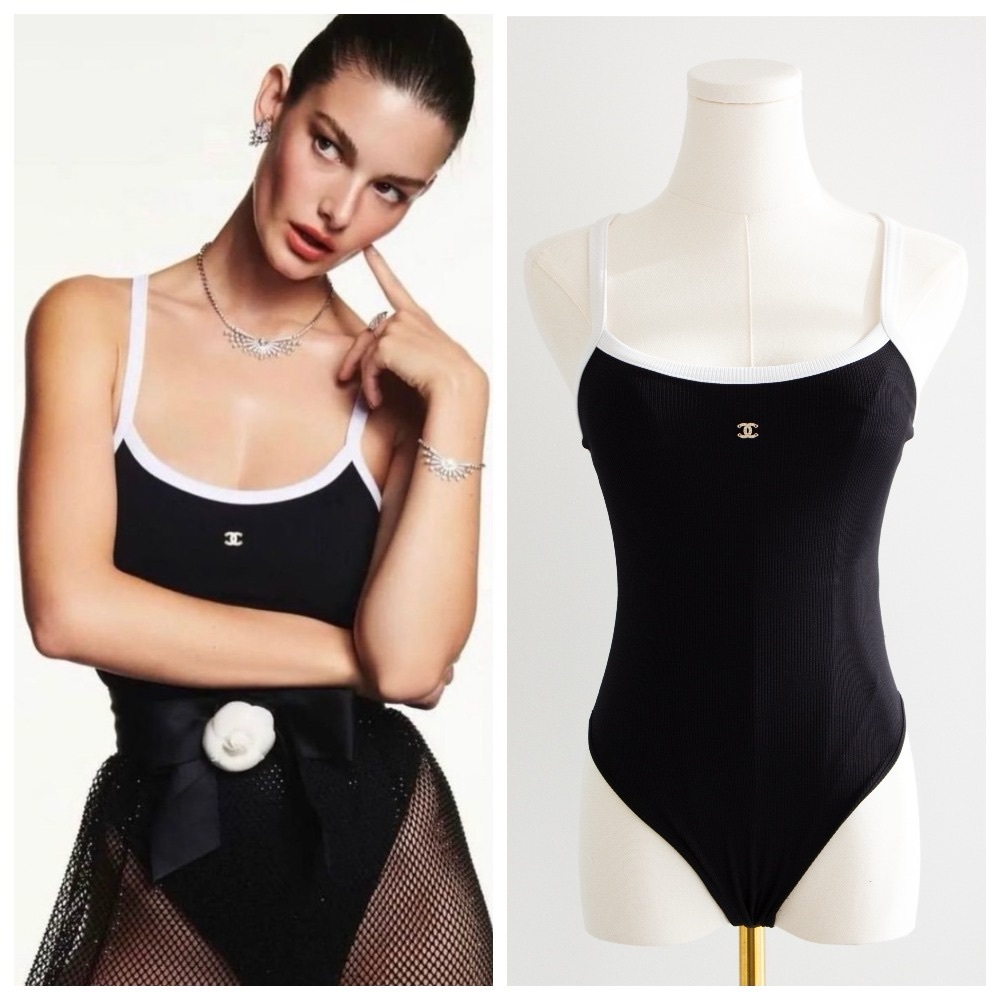 Chanel Spring/Summer 2022 Black White Ribbed Crystal CC 22S Bodysuit Swimsuit - Picture 1 of 16